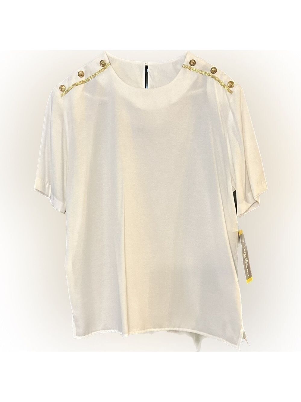 NWT Vintage Katie Brooke Off White blouse Gold Metal button on shoulders Size 14